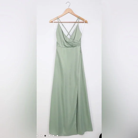 Outstanding Elegance Sage Green Satin Surplice Maxi Dress Outstanding Elegance Sage Green Satin Surplice Maxi Dress